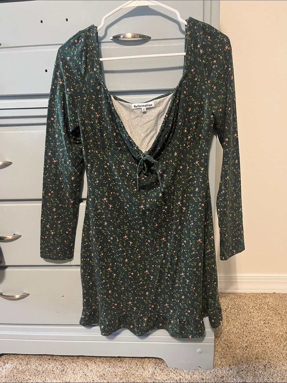 Reformation Anjeline Dark Green Long Sleeve Dress in Coriander